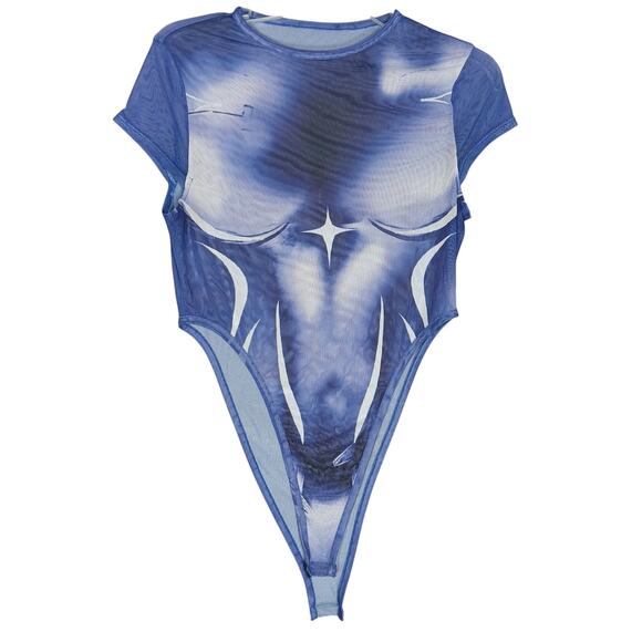 Superhero Bodysuit Mesh See Thru Size Medium Blue Short Sleeves Snap Buttons - Picture 4 of 7